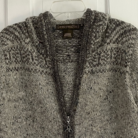 Inis Crafts 100% Wool Irish Knit Hooded Zipper Sweater Grey Tweed Women M - Picture 2 of 16